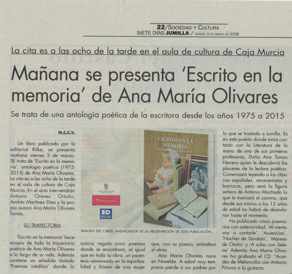 Mañana se presenta: Escrito en la memoria de Ana María Olivares. 7 días Jumilla.